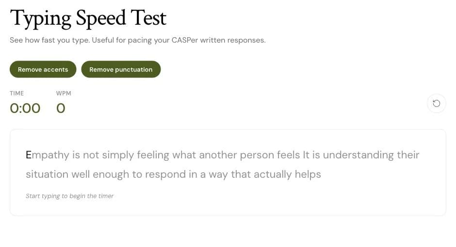 The CasPro typing test with input options and a practice passage