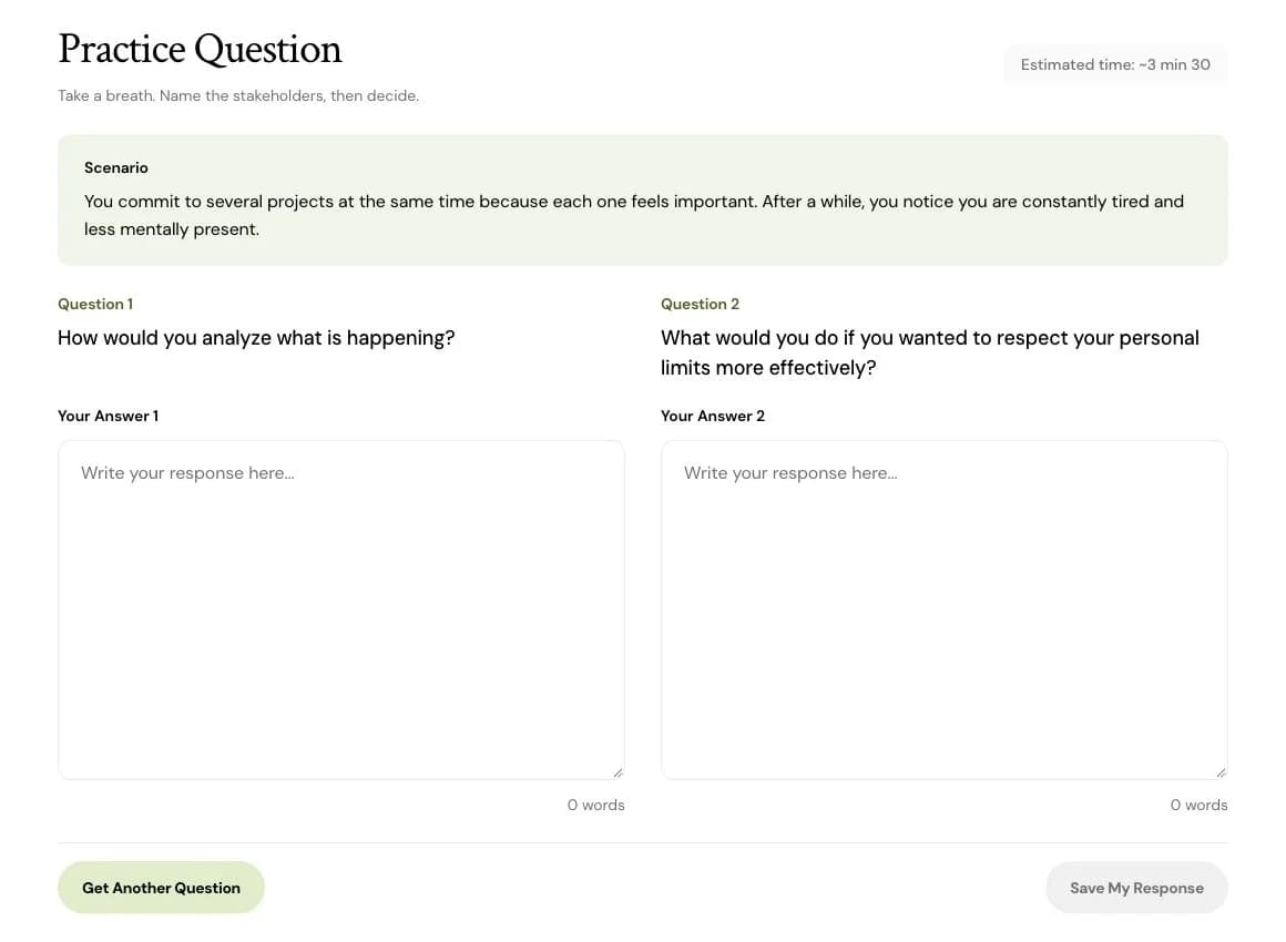 Written practice with two questions and their answer fields