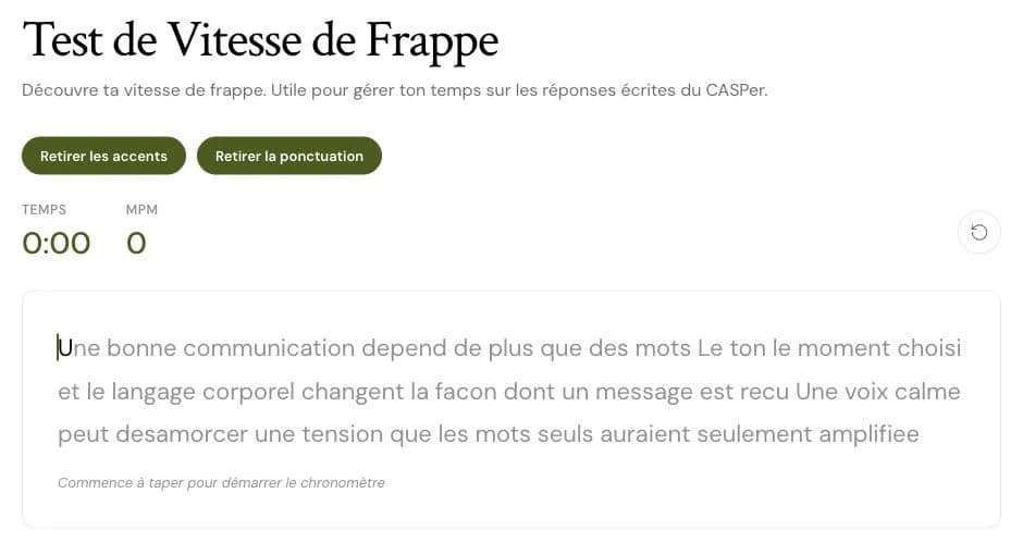 Le test de frappe CasPro avec les options de saisie et un passage à recopier