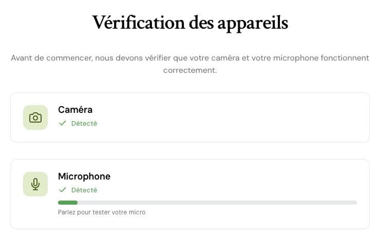 La vérification de la caméra et du microphone avant la pratique vidéo